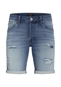 Short en jean bleu avec revers roulés et zones usées sur le devant des cuisses.