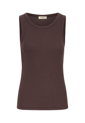 Débardeur marron sans manches en tissu côtelé. Il présente un col rond et une coupe ajustée. Texture lisse sans motifs ni accents visibles.