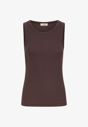 Débardeur marron sans manches en tissu côtelé. Il présente un col rond et une coupe ajustée. Texture lisse sans motifs ni accents visibles.