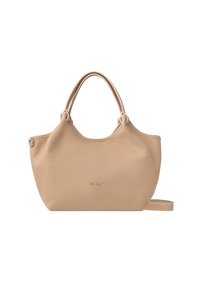 Torebka skórzana w kolorze brązowym o teksturowanej powierzchni, zaokrąglonym kształcie i dwóch krótkich uchwytach. Posiada odpinany pasek oraz drobną detalizację z logo.