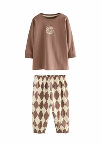 Bruine langslavende shirt met een smiley graphic, gecombineerd met crèmekleurige broek met een bruin ruitpatroon, geschikt voor loungewear of slaapkleding.