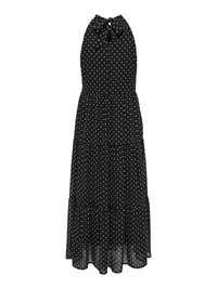 Fekete, ujjatlan, pánt nélküli maxi ruha fehér pöttyökkel, réteges szoknyával és nyakkendős részlettel a nyaknál.