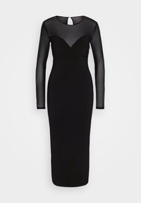 Czarna sukienka z długimi przezroczystymi rękawami, dopasowanym gorsetem i spódnicą do kolan. Posiada subtelny dekolt w kształcie litery V oraz szczegół w postaci wycięcia na plecach.