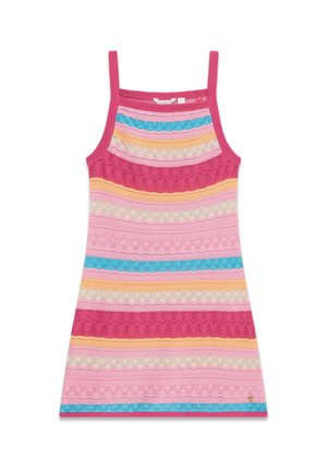 Robe sans manches en tricot avec des rayures horizontales à motifs roses, bleues, orange et crème, et des bretelles fines.