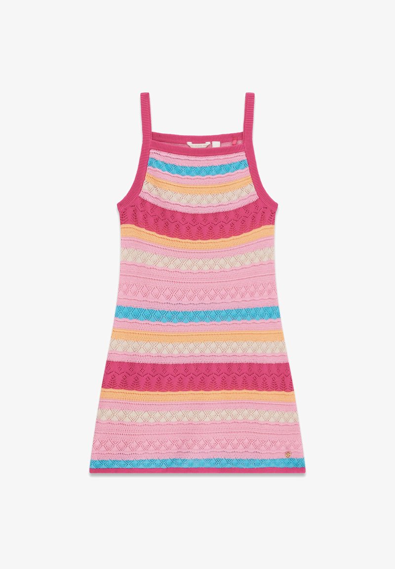 Πλεκτό αμάνικο φόρεμα με ριγέ οριζόντιο μοτίβο σε ροζ, μπλε, πορτοκαλί και κρεμ αποχρώσεις και λεπτές ράντες στους ώμους.