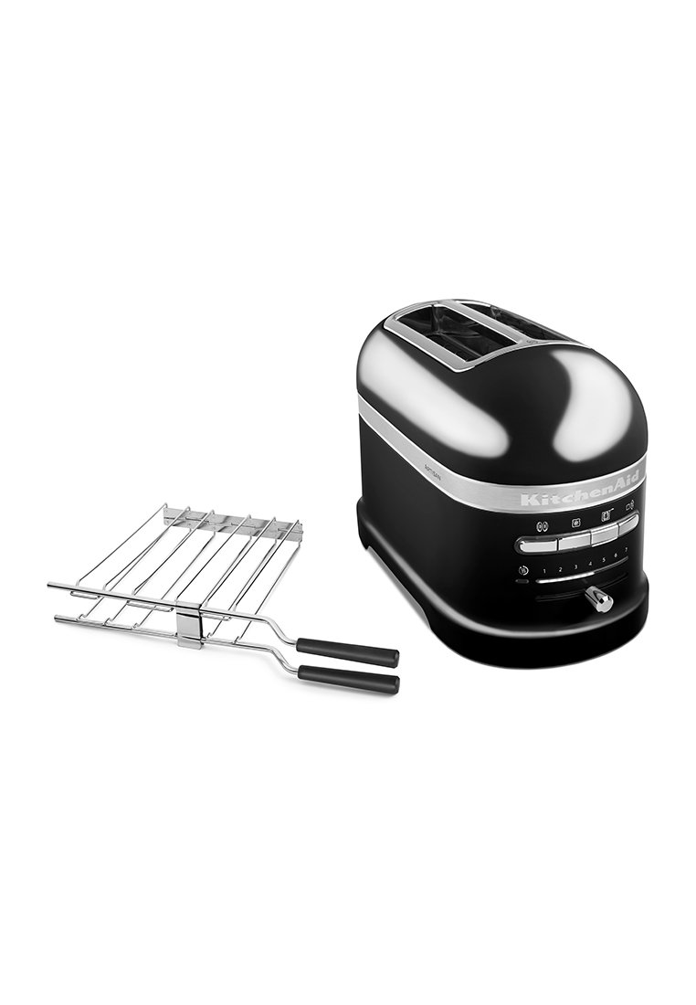 Schwarz-rostfreier Edelstahltoaster von KitchenAid mit verchromten Akzenten, zwei Schlitzen und Steuerknöpfen. Enthält ein separates Röstgitter aus Edelstahl.