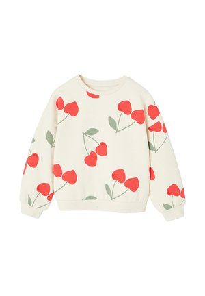 Cream-colored long-sleeve sweatshirt with red heart-shaped cherries and green leaves printed all over.