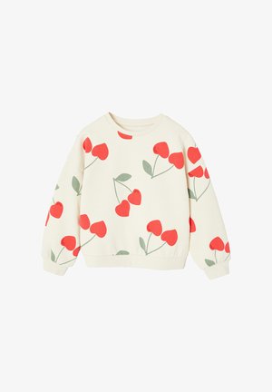 Cream-colored long-sleeve sweatshirt with red heart-shaped cherries and green leaves printed all over.