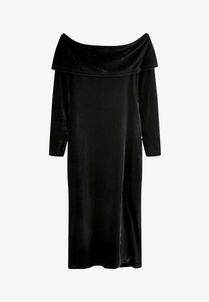 Must värviga õlgadelt avatud kleit, millel on pikad varrukad, küljel lõhik ja voogav kaelus, mis lisab elegantsi. Sile tekstuur.