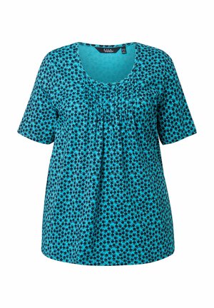 Blusa turchese a maniche corte con motivo floreale nero e dettaglio anteriore plissettato, con scollo rotondo.
