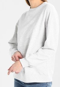 Světle šedá mikina vyrobená z měkké látky, s kulatým výstřihem, dlouhými rukávy a texturovaným logem na přední straně.