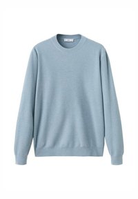 Jasnoniebieski bawełniany sweter z okrągłym dekoltem i długimi rękawami. Posiada ściągacz na dole i przy mankietach, wykonany z gładkiej, miękkiej tkaniny.