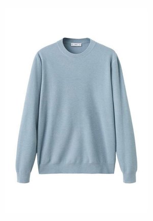Svetlomodrý bavlnený sveter s okrúhlym výstrihom a dlhými rukávmi. Má rebrovaný lem a manžety, ktoré zdôrazňujú hladkú, textúrovanú látku.