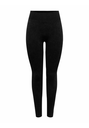 Svarte leggings laget av et mykt, elastisk stoff. Har en høy, ribbestrikket linning og en jevn tekstur gjennom hele bena.