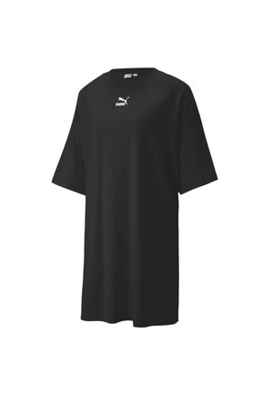 Robe T-shirt noire oversize avec manches courtes et petit logo Puma blanc centré sous l'encolure.