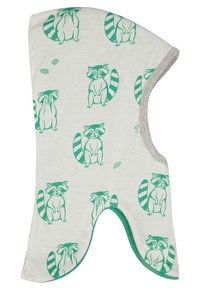 Hemdchen für Kinder mit Kapuze, das einen hellgrauen Grundton mit grünen Waschbären-Illustrationen und grünen Besätzen an den Kanten zeigt. Aus weichem Material, ohne Metallteile.