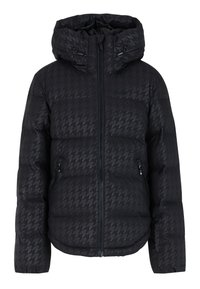 Giacca a vento nera con motivo a scacchi, chiusura con zip, cappuccio regolabile e due tasche laterali con zip. Texture liscia e design trapuntato.
