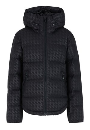 Giacca a vento nera con motivo a scacchi, chiusura con zip, cappuccio regolabile e due tasche laterali con zip. Texture liscia e design trapuntato.
