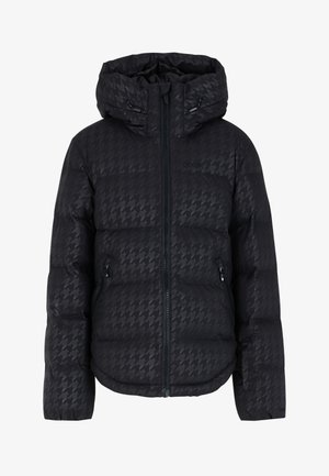 Doudoune noire avec un motif pied-de-poule, fermeture éclair, capuche réglable et deux poches latérales zippées. Texture lisse et design matelassé.