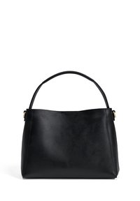 Schwarze Lederhandtasche mit einer strukturierten Form, einem einzelnen geschwungenen Griff und einer glatten Textur. Verfügt über goldfarbene Beschläge.