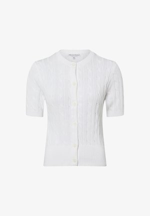 Witte korte mouw cardigan, kabelgebreid patroon, ronde halslijn, knoopsluiting aan de voorkant, geribde zoom en mouwen, zacht gestructureerde stof.
