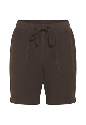 Tmavohnedé ležérne kraťasy s elastickým pásom, predným šnúrkou, dvoma prednými našitými vreckami a manžetovými lemami.
