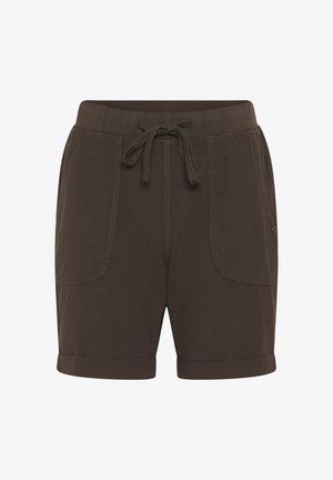 Tmavohnedé ležérne kraťasy s elastickým pásom, predným šnúrkou, dvoma prednými našitými vreckami a manžetovými lemami.