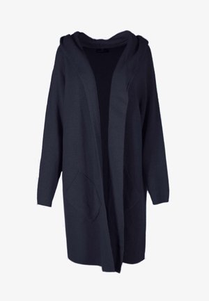 Cardigan bleu marine foncé avec un tricot texturé, une coupe ouverte, une capuche et deux poches avant. Manches longues et coupe décontractée.