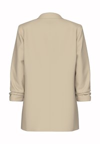 Beige blazer se strukturovaným designem, dlouhými rukávy s ohrnutými manžetami a hladkou texturou. Má jeden rozparek na zadní straně.
