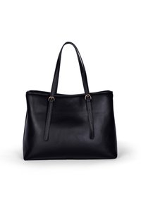 Borsa tote in pelle nera con due manici robusti. Texture liscia, forma rettangolare e design minimalista senza hardware visibile.