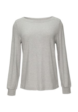 Chemise grise à manches longues en tissu doux et texturé, avec un encolure large et des poignets ajustés. Design simple sans motifs ni éléments matériels visibles.