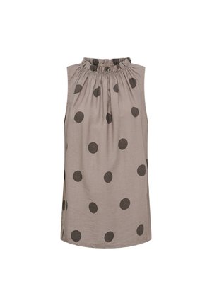 Ærmeløs beige bluse med store mørkebrune polkaprikker og en rynket krave.
