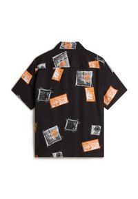 Short-sleeve shirt made of black fabric, featuring a pattern of orange and white rectangular graphics with distressed edges.