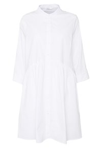Abito camicia bianco con colletto rialzato, maniche a tre quarti e vita arricciata. Realizzato in tessuto liscio e leggero.