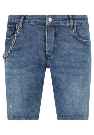 Shorts in denim di un blu medio, con un classico design a cinque tasche, bottone in metallo e un dettaglio in catena argentata sul lato.