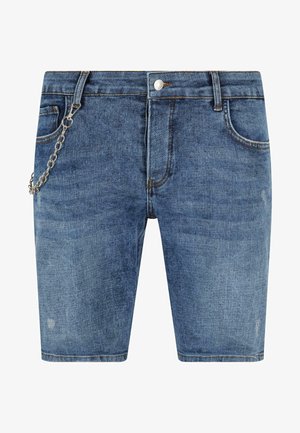 Shorts in denim di un blu medio, con un classico design a cinque tasche, bottone in metallo e un dettaglio in catena argentata sul lato.