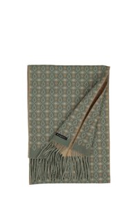 Grön mönstrad scarf med fransade kanter, med ett geometriskt mönster i beige och ljusgröna toner. Etikett fäst på ena sidan.