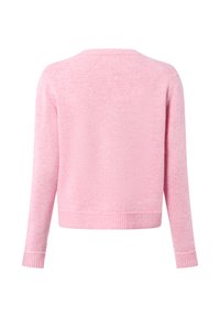 Roze gebreide trui met een ronde hals, lange mouwen, geribbelde manchetten en zoom, met een zachte textuur en een licht gemêleerde afwerking.
