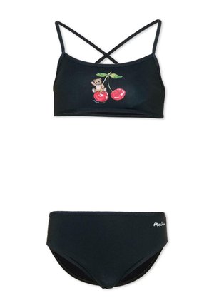 Czarny dwuczęściowy strój kąpielowy z krzyżującymi się ramiączkami, z misiem na wisienkach na górze oraz białym logo na dole po prawej stronie.