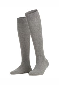 Pilki kelių aukščio kojinės iš minkšto, tekstūruoto audinio su gumbuotu viršumi ir lygia pado dalimi. Nėra matomų raštų ar metalinių detalių.