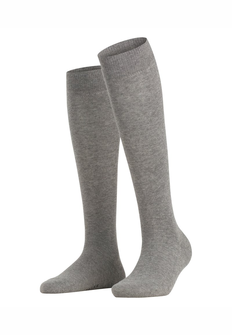 Pilki kelių aukščio kojinės iš minkšto, tekstūruoto audinio su gumbuotu viršumi ir lygia pado dalimi. Nėra matomų raštų ar metalinių detalių.