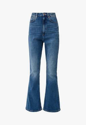 Jeansy z wysokim stanem i rozszerzanymi nogawkami w średnim niebieskim denimu, z zapięciem na guzik, pięcioma kieszeniami oraz efektem wypłowienia.