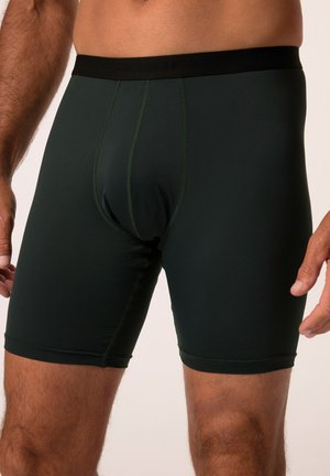 Dunkelgrüne Boxershorts aus einem glatten, dehnbaren Stoff. Verfügt über einen schwarzen elastischen Bund und kontrastierende Nähte entlang der Nähte.