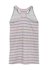 Randig linne i pastellfärger, utan ärmar och med racerback-design. Materialet verkar mjukt med en lätt textur.