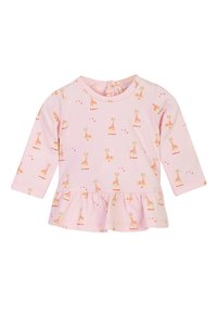 Top lungo rosa a maniche lunghe realizzato in morbido cotone, con orlo arricciato e motivi a giraffa con accenti rossi. Collo rotondo e chiusura con bottoni.