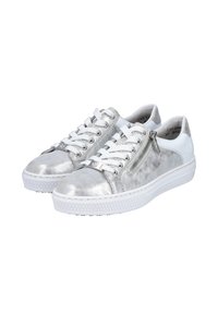 Metallic silver sneakers with white accents, featuring eyelets, a zipper on the side, and a textured rubber sole.