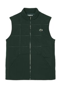Groene gewatteerde vest met hoge kraag, rits aan de voorkant en twee grote zakken. Beschikt over een klein Lacoste-logo op de linkerborst. Zachte stoftextuur.