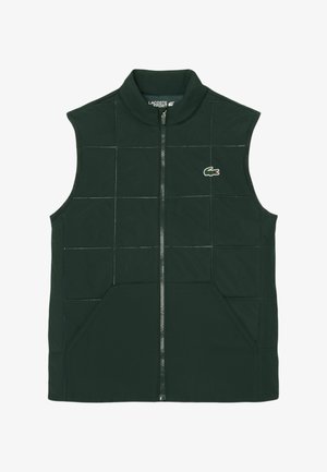 Groene gewatteerde vest met hoge kraag, rits aan de voorkant en twee grote zakken. Beschikt over een klein Lacoste-logo op de linkerborst. Zachte stoftextuur.