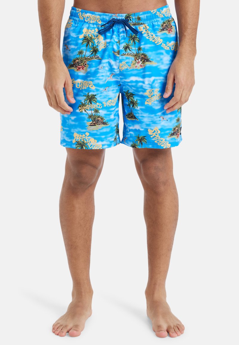 Modré plavky s potlačou palm a ostrov. Majú elastický pás s šnúrkou a ľahký, hladký povrch.