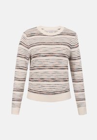 Pull crème à manches longues avec des rayures horizontales noires, grises et brun clair, poignets, col et ourlet côtelés.